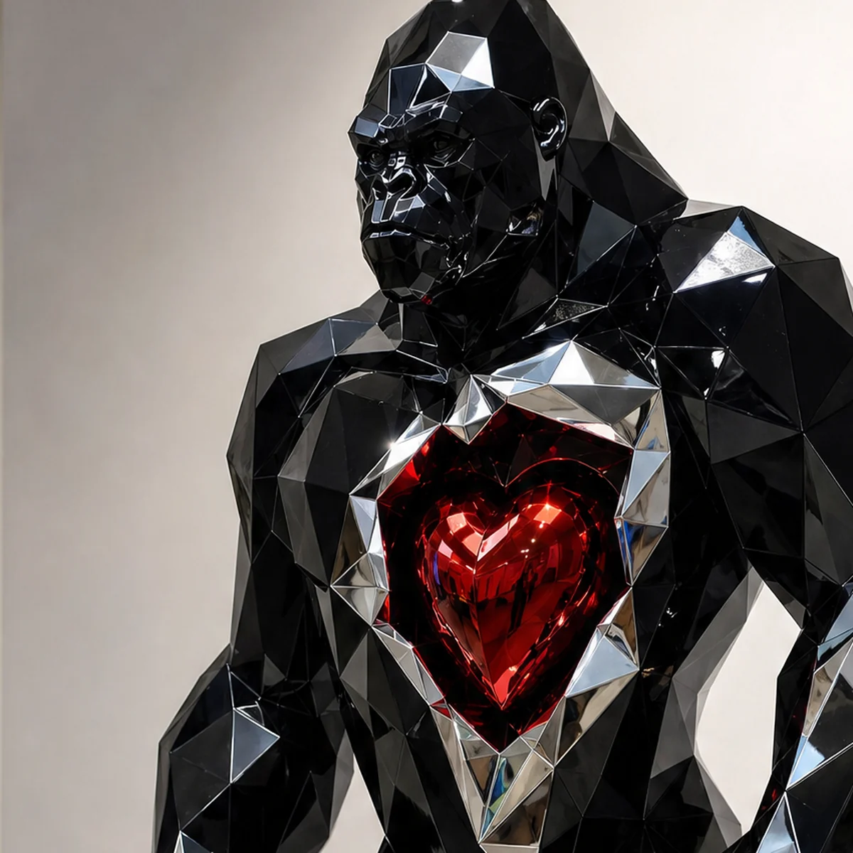 kromsky heart of the beast black chrome gorilla sculpture in front of white art gallery background.
