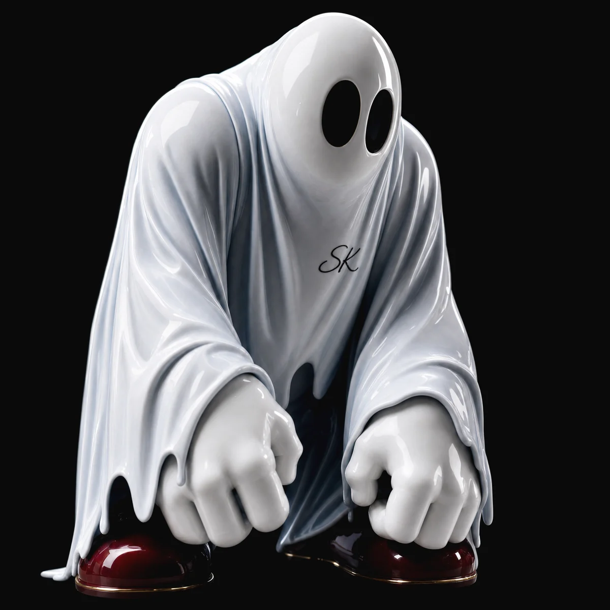 kromsky phantom white gloss ghost sculpture on black background.